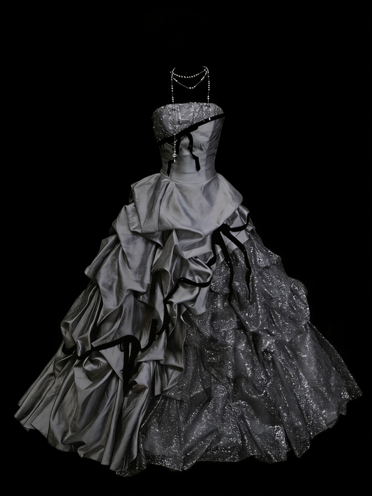 Sweet Ball Gown Strapless Gray Satin With Tiered Layers Ruffles Long Party Gowns Prom Dresses N2235