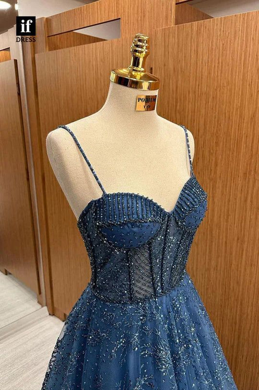 Elegant Spaghetti Strap Sleeveless A-line Tulle Long Prom Dresses Online Prom Gown AB912