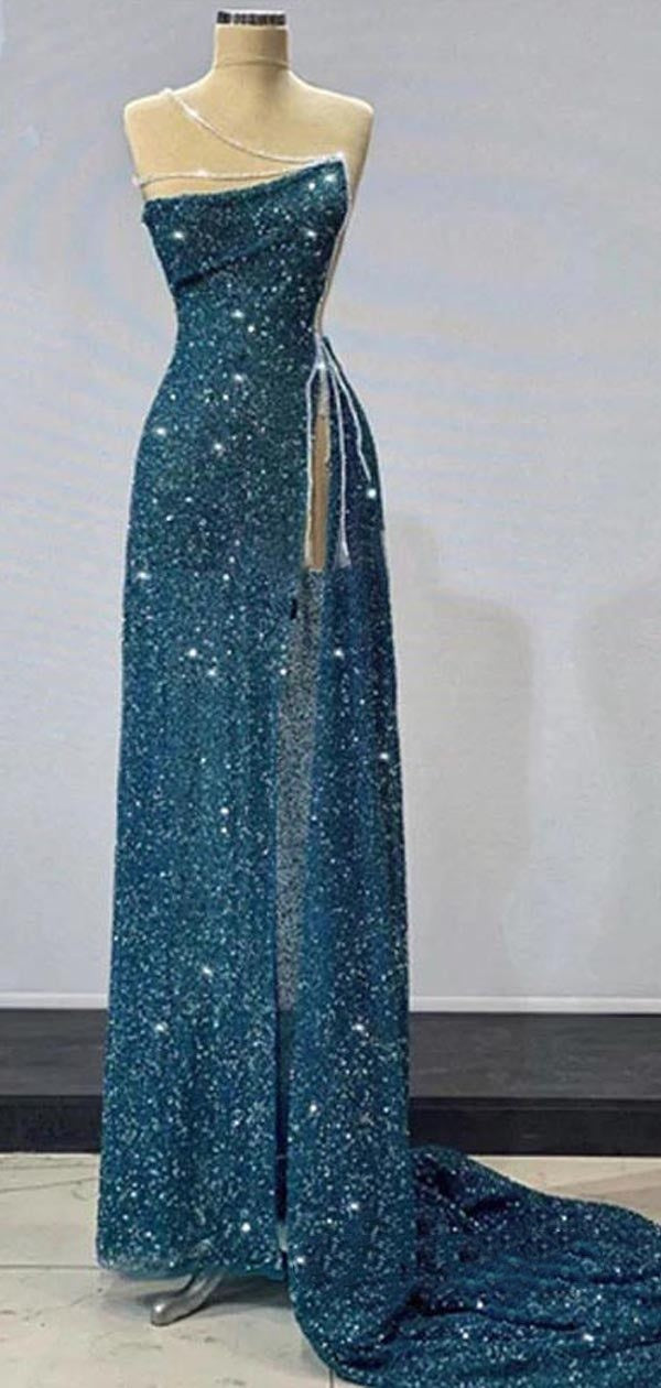 Gorgeous Teal Sheath High Slit Maxi Long Formal Prom Dress AB925