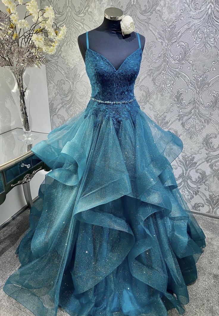 Ball Gown Blue V-neck Tulle Appliques Sequins Long Prom Dress Spaghetti Strap Evening Dress Birthday Gowns AB927