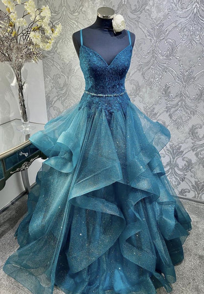 Ball Gown Blue V-neck Tulle Appliques Sequins Long Prom Dress Spaghetti Strap Evening Dress Birthday Gowns AB927