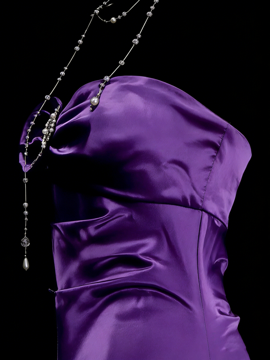 Robe de bal longue de soirée vintage sirène, décolleté cœur, en satin raisin, sans manches, années 80, N1450