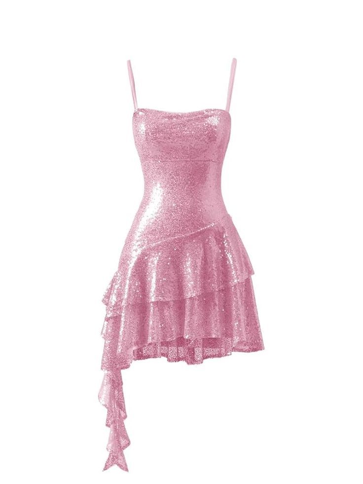 Funkelndes Etui-Minikleid mit Spaghettiträgern, pinken Pailletten, Inspo für Abiturientinnen, kurze Geburtstags-Outfits für die 17. Party, Homecoming-Kleider RB3149