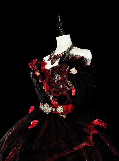 Modest Prom Dresses Ball Gown Strapless Burgundy Tulle With Appliqued Long Quince Dress N3066