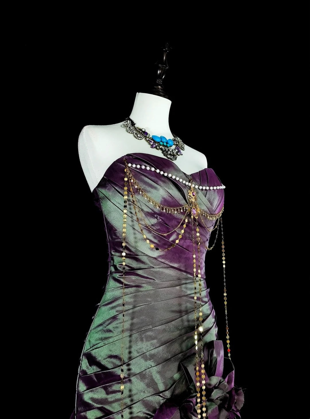 Vintage Meerjungfrauen-Abendkleid aus lila Taft im 70er-Jahre-Stil mit Rüschen und herzförmigem Ausschnitt, langes Ballkleid, Partykleid N1846