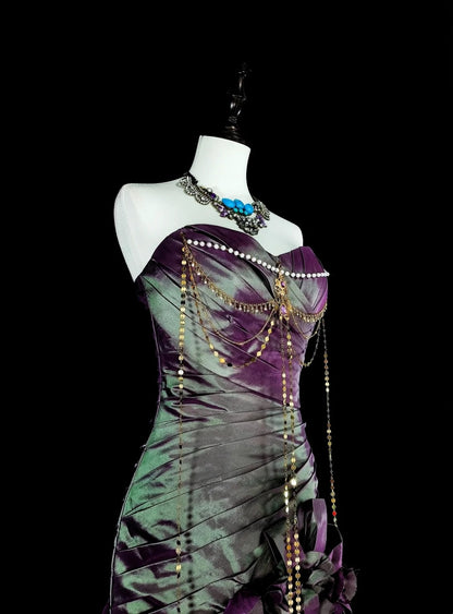 Vintage Meerjungfrauen-Abendkleid aus lila Taft im 70er-Jahre-Stil mit Rüschen und herzförmigem Ausschnitt, langes Ballkleid, Partykleid N1846