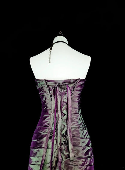 Vintage Meerjungfrauen-Abendkleid aus lila Taft im 70er-Jahre-Stil mit Rüschen und herzförmigem Ausschnitt, langes Ballkleid, Partykleid N1846