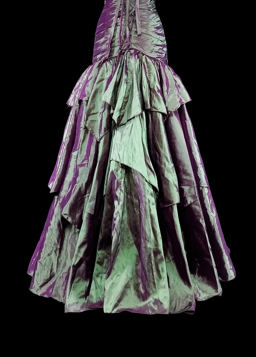 Vintage Meerjungfrauen-Abendkleid aus lila Taft im 70er-Jahre-Stil mit Rüschen und herzförmigem Ausschnitt, langes Ballkleid, Partykleid N1846