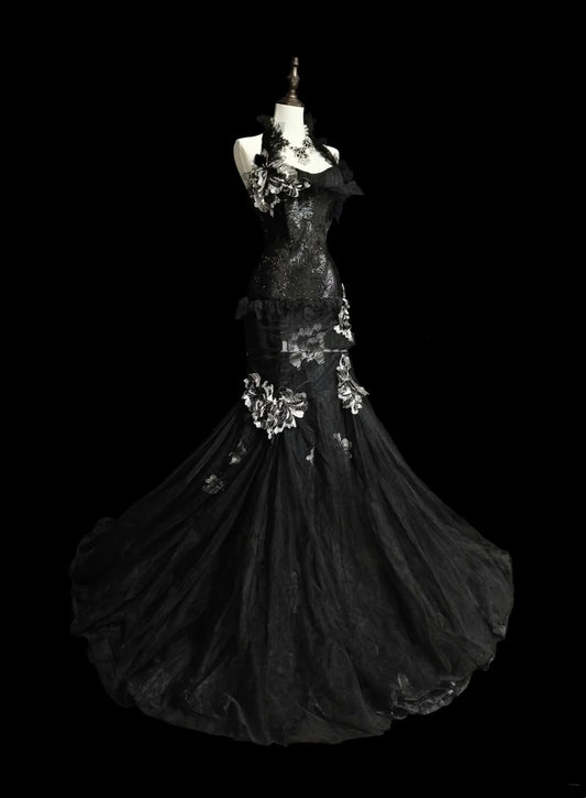 Vintage Prom Dresses Aesthetic 1960s Retro Mermaid Halter Black Lace Long Formal Dress N2148