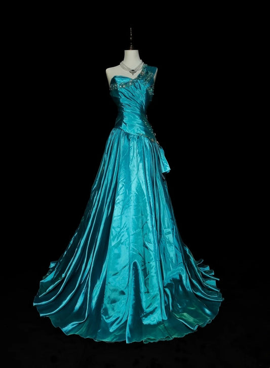 Robe de bal rétro années 70, coupe trapèze, asymétrique, en satin bleu sans manches, robe de soirée longue et élégante N1489