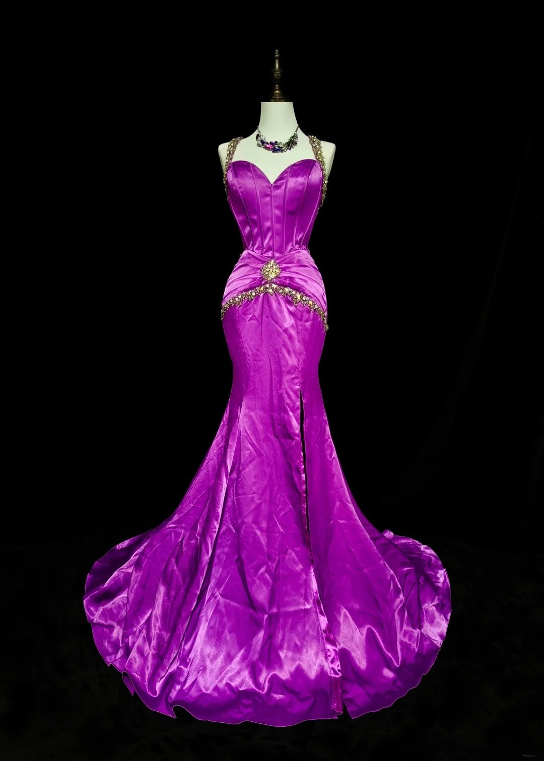 Vintage 1960s Sweetheart With Straps Grape Sleeveless Satin Pleated Mermaid Long Prom Dresses N1577