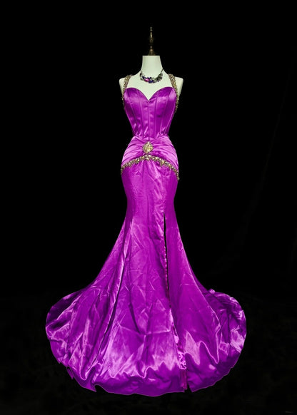 Vintage 1960s Sweetheart With Straps Grape Sleeveless Satin Pleated Mermaid Long Prom Dresses N1577