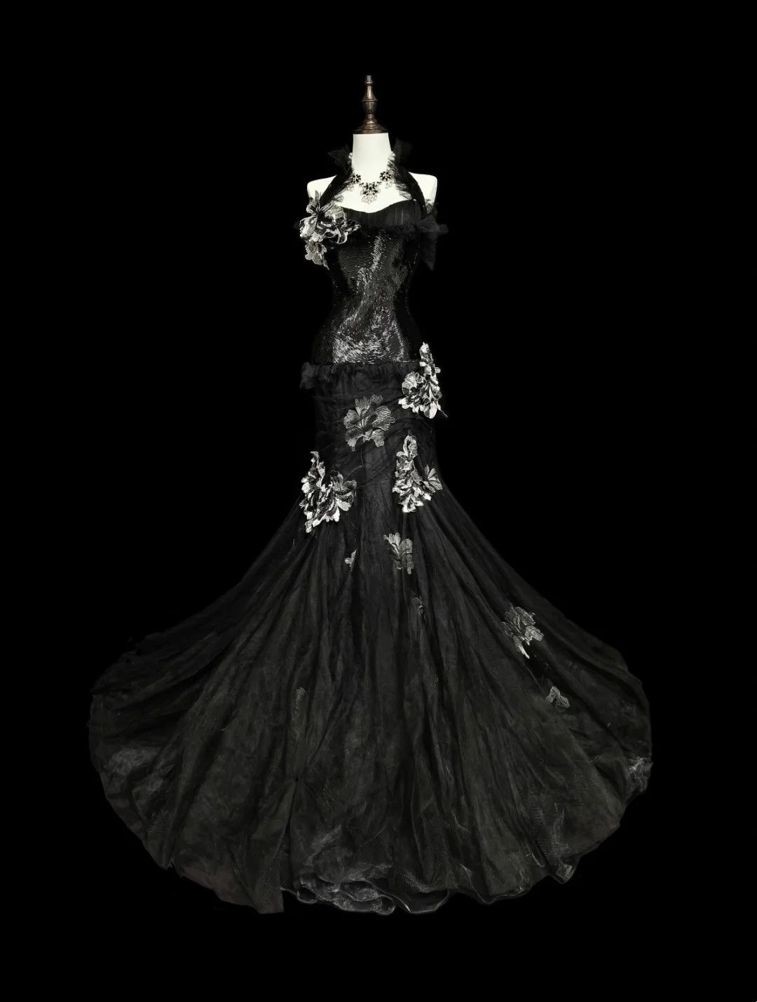 Retro Meerjungfrauen-Halterkleid aus schwarzem Tüll mit Spitze, ärmellos, 70er-Jahre-Stil, langes formelles Abendkleid, N1500