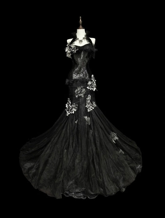 Robe de bal rétro sirène dos nu en tulle noir avec dentelle, sans manches, style années 70, robe de soirée longue et élégante N1500