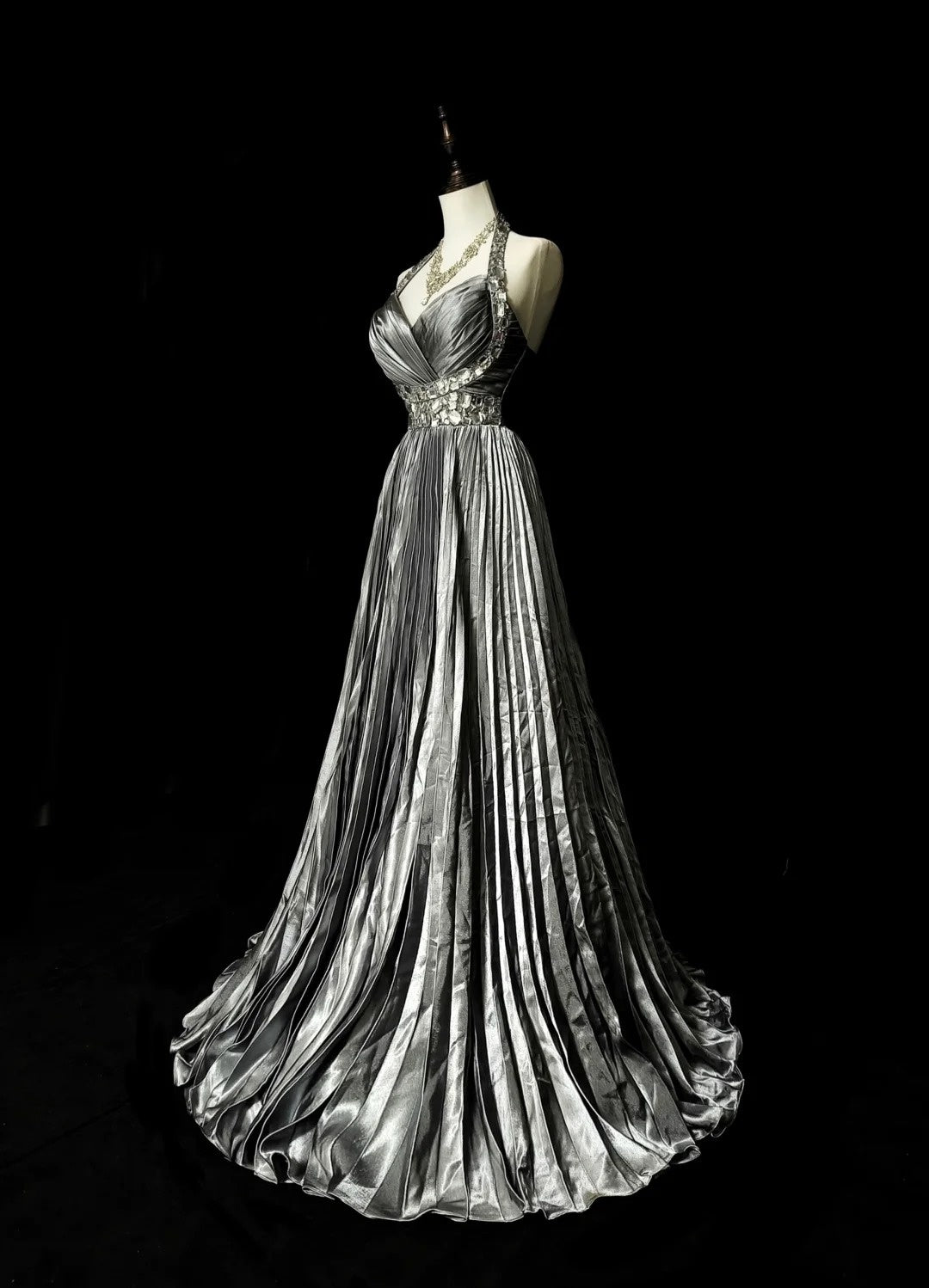 Vintage 1960s Halter Sleeveless Satin Pleated A Line Silver Grey Long Prom Dresses N1575