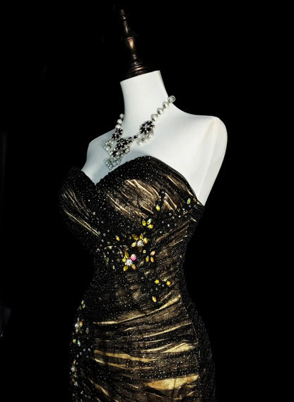 Vintage Meerjungfrauen-Abendkleid mit Herzausschnitt, ärmellos, aus schwarzem Tüll, 80er-Jahre-Stil, langes formelles Abendkleid N1488