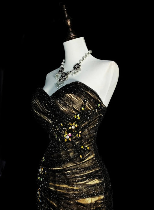 Robe de bal longue de soirée vintage sirène, bustier cœur, tulle noir sans manches, années 80, N1488
