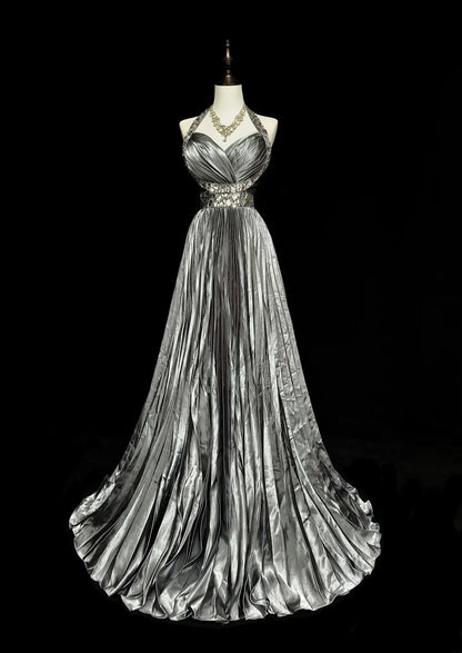 Vintage 1960s Halter Sleeveless Satin Pleated A Line Silver Grey Long Prom Dresses N1575