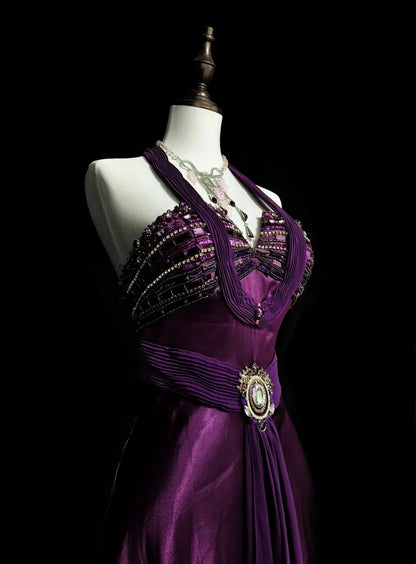 Robe de bal rétro sirène dos nu en satin violet avec perles et sans manches, style années 70, robe de soirée longue et formelle N1494