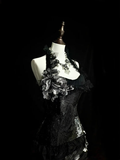 Retro Meerjungfrauen-Halterkleid aus schwarzem Tüll mit Spitze, ärmellos, 70er-Jahre-Stil, langes formelles Abendkleid, N1500