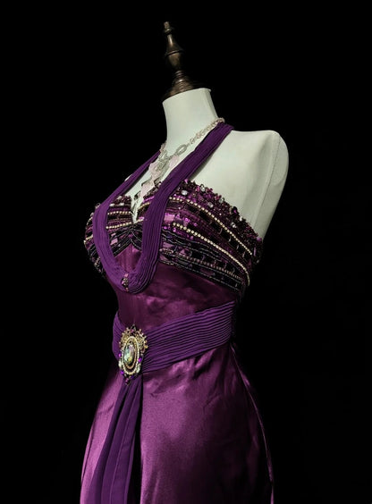 Robe de bal rétro sirène dos nu en satin violet avec perles et sans manches, style années 70, robe de soirée longue et formelle N1494