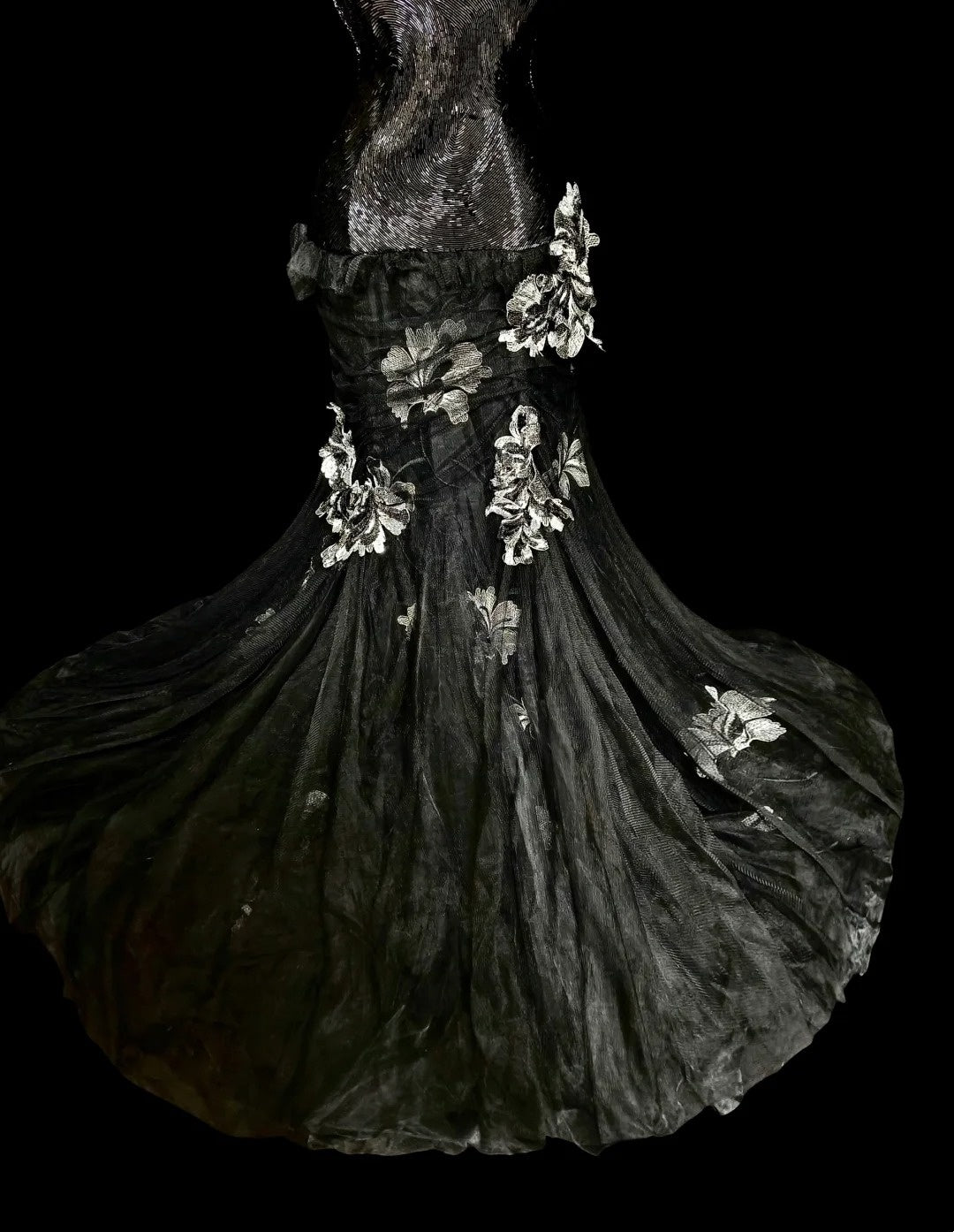 Retro Meerjungfrauen-Halterkleid aus schwarzem Tüll mit Spitze, ärmellos, 70er-Jahre-Stil, langes formelles Abendkleid, N1500