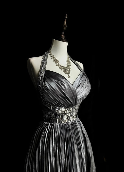 Vintage 1960s Halter Sleeveless Satin Pleated A Line Silver Grey Long Prom Dresses N1575