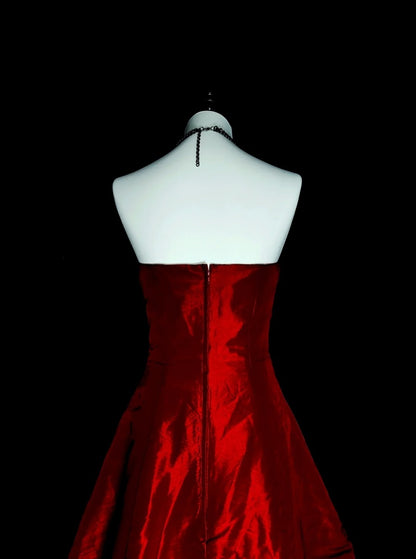 Robe de bal rétro bustier rouge en satin sans manches, style années 70, robe de soirée longue et élégante N1491