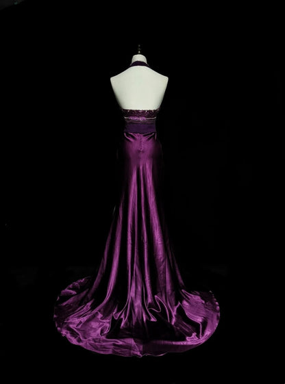 Robe de bal rétro sirène dos nu en satin violet avec perles et sans manches, style années 70, robe de soirée longue et formelle N1494