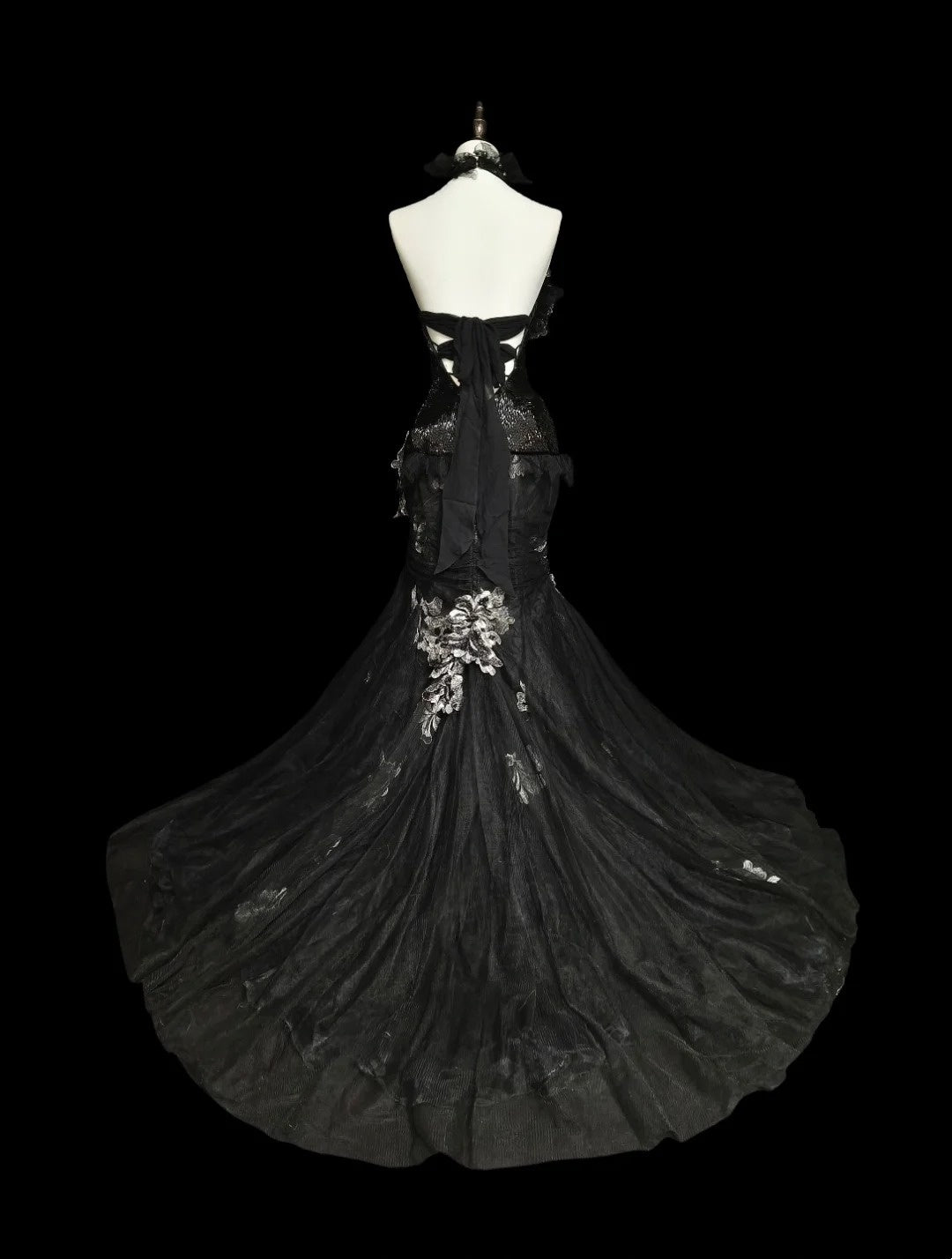 Retro Meerjungfrauen-Halterkleid aus schwarzem Tüll mit Spitze, ärmellos, 70er-Jahre-Stil, langes formelles Abendkleid, N1500