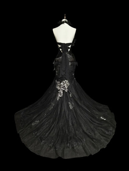 Retro Meerjungfrauen-Halterkleid aus schwarzem Tüll mit Spitze, ärmellos, 70er-Jahre-Stil, langes formelles Abendkleid, N1500