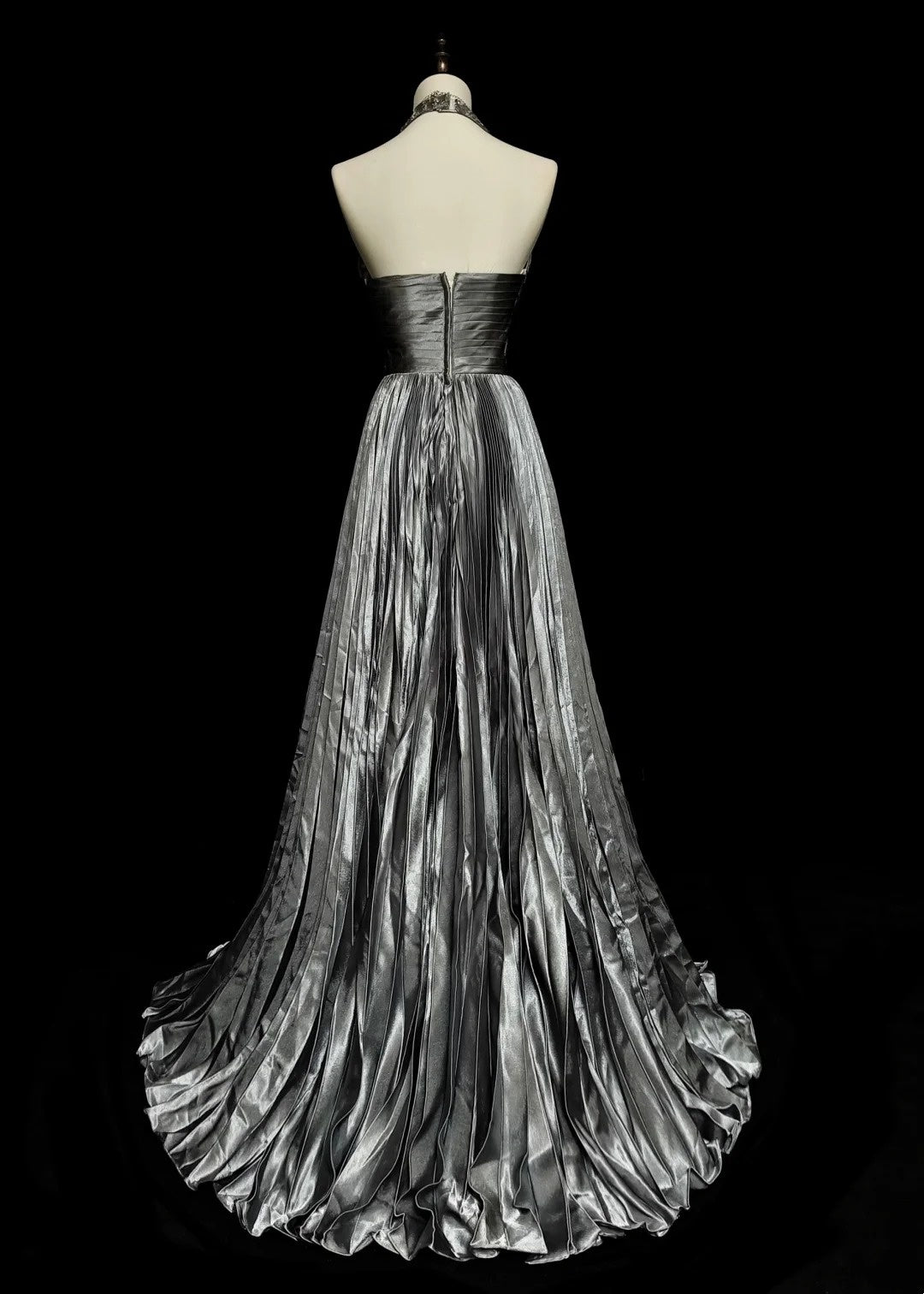 Vintage 1960s Halter Sleeveless Satin Pleated A Line Silver Grey Long Prom Dresses N1575