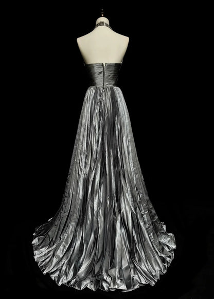 Vintage 1960s Halter Sleeveless Satin Pleated A Line Silver Grey Long Prom Dresses N1575