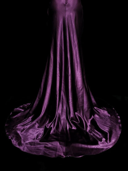 Robe de bal rétro sirène dos nu en satin violet avec perles et sans manches, style années 70, robe de soirée longue et formelle N1494