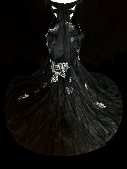 Retro Meerjungfrauen-Halterkleid aus schwarzem Tüll mit Spitze, ärmellos, 70er-Jahre-Stil, langes formelles Abendkleid, N1500