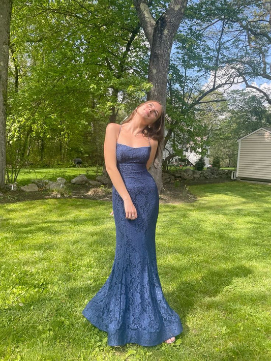 Sexy Mermaid Spaghetti Straps Sleeveless Navy Blue Long Formal Dresses Lace Prom Dress AB946