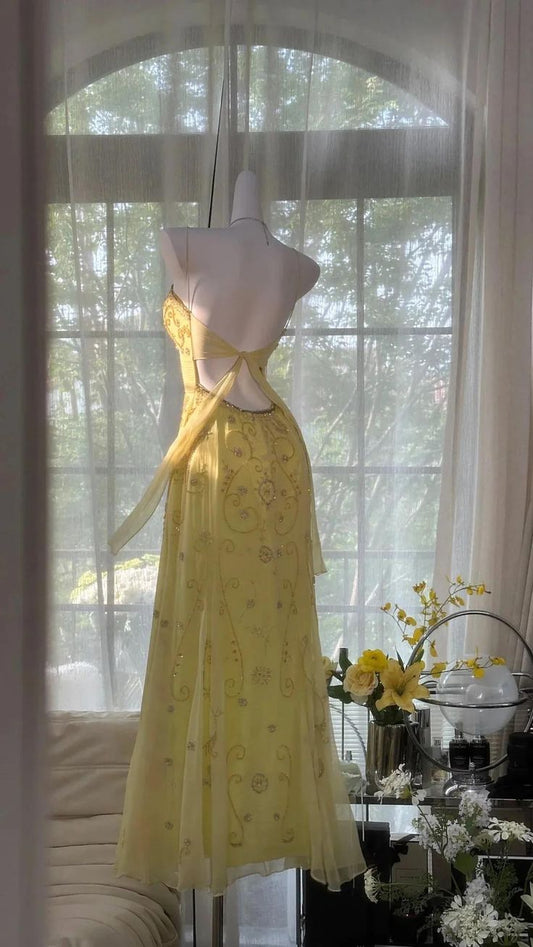 Robe de bal jaune unique, longue, dos nu perlée, tenue de bal Vestidos De Dia AB517