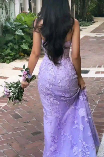 Strapless Tulle Lace Appliques Evening Dress Mermaid Prom Dress AB642