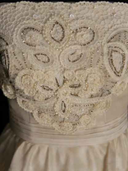 Robe de bal vintage années 70, bustier, couleur champagne, ornée d'appliqués en dentelle, robe de mariée féerique N1318