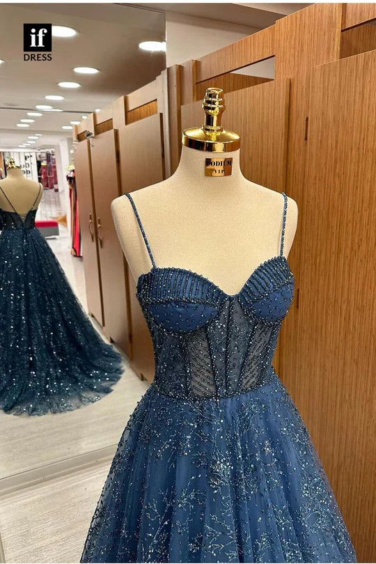 Elegant Spaghetti Strap Sleeveless A-line Tulle Long Prom Dresses Online Prom Gown AB912