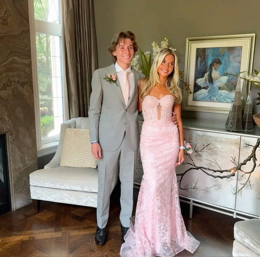 Sexy Mermaid Sweetheart Sleeveless Lace Tulle Pink Long Formal Dresses Prom Dress AB945