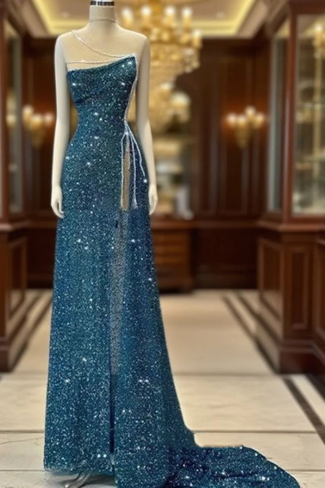 Gorgeous Teal Sheath High Slit Maxi Long Formal Prom Dress AB925