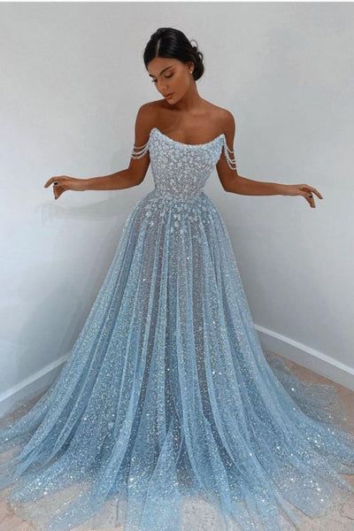 Hellblaues, schulterfreies, langes Pailletten-Abendkleid AB929