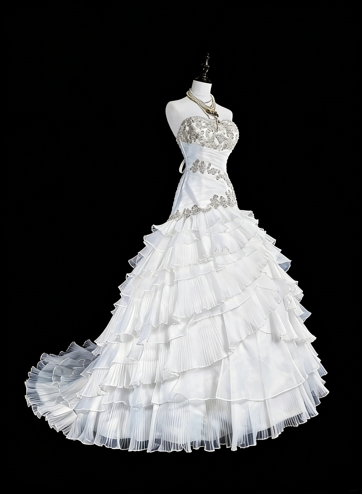 Robes de mariée uniques sirène sans bretelles blanches avec volants perles cristaux longue robe de mariée N3420