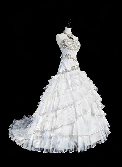 Robes de mariée uniques sirène sans bretelles blanches avec volants perles cristaux longue robe de mariée N3420