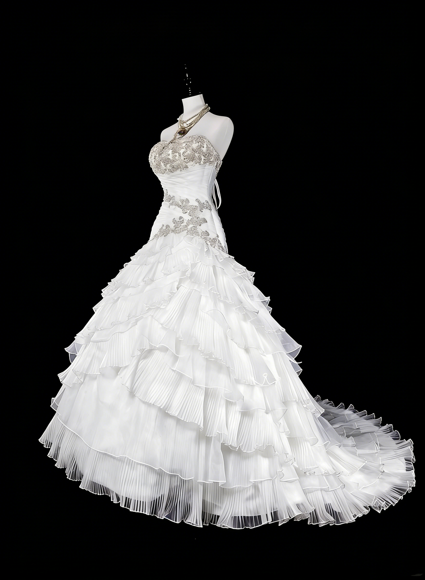 Robes de mariée uniques sirène sans bretelles blanches avec volants perles cristaux longue robe de mariée N3420