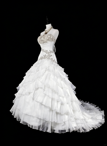 Robes de mariée uniques sirène sans bretelles blanches avec volants perles cristaux longue robe de mariée N3420
