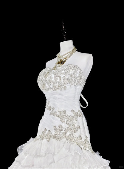 Robes de mariée uniques sirène sans bretelles blanches avec volants perles cristaux longue robe de mariée N3420