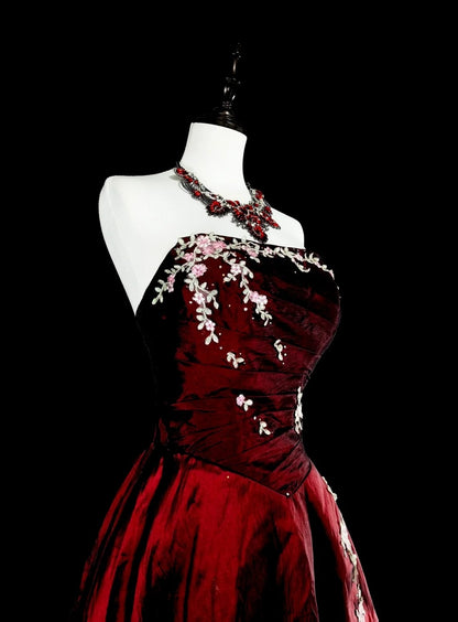 Vintage-Abendkleider im Stil der 1950er Jahre: Elegantes, trägerloses, burgunderrotes Ballkleid in Langform – Inspiration für die Abendgala (Modell N1996)
