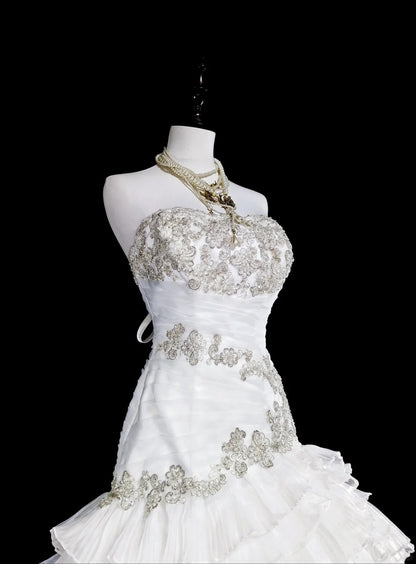 Robes de mariée uniques sirène sans bretelles blanches avec volants perles cristaux longue robe de mariée N3420